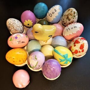 EASTER COLLECTIBLE Egg Plate with 13 Glass and porcelain eggs. Gift Eggs galore!